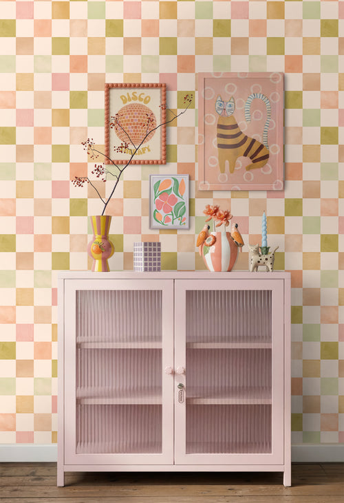 ESTAhome behang geblokt motief beige, roze en groen - 50 x 900 cm - 131721