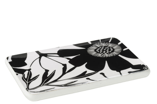 J-Line schaal Rechthoek Bloemen - hout - zwart/wit