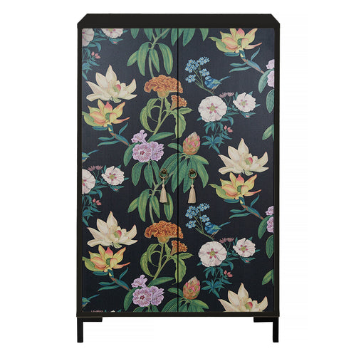 Dressoir van MDF met 2 decoratieve deuren, zwart bloemenmotief