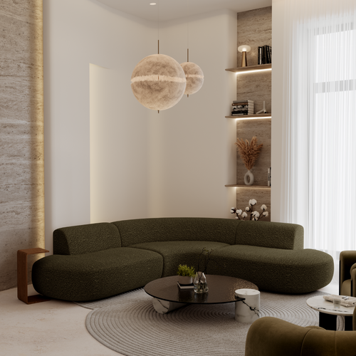 Premium Interiors - Hoekbank WONDER - bouclette olijfgroen 90cm