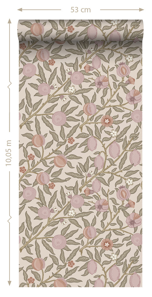 ESTAhome behang exotisch fruit en bladeren lichtpaars en vergrijsd groen - 50 x 900 cm - 131170 - vtwonen shop