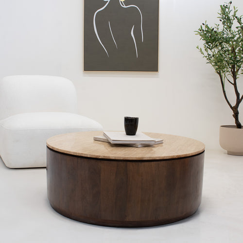 Giga Meubel Salontafel Elan Rond - Travertin - Walnoot - 90x90x35cm - vtwonen shop