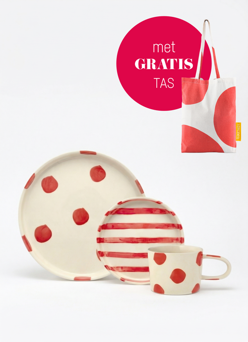 vtwonen - Serviesset - Gebaksbord, Ontbijtbord en Mok - Stippen - Rood - Keramiek - Set van 3