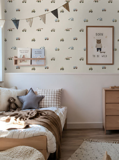ESTAhome behang voertuigen beige en groen - 50 x 900 cm - 132305