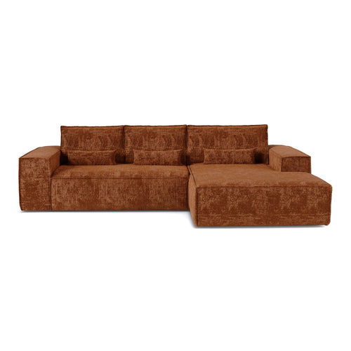 Premium Interiors - Rechthoekige hoekbank met snelle slaapfunctie JUNE - gewaafd fluweel terracotta 320cm