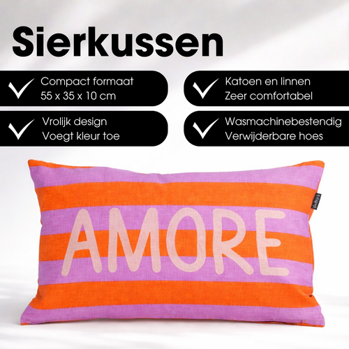 Mica Decorations Amore Sierkussen - Kussen met Kussenhoes - Woondecoratie Woonkamer - 55 x 35 x 10 cm - Katoen, Linnen, Polyester - Oranje, Paars,
