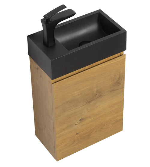 Badplaats Toiletmeubel Angela 40 x 22 cm – Eiken – Fonteinmeubel met Zwarte Wastafel