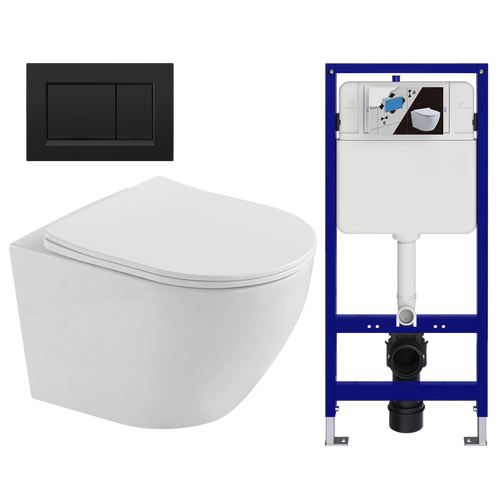 LOMAZOO hangtoiletset Linea - met inbouwreservoir & vierkante drukplaat - rond - zwart / wit
