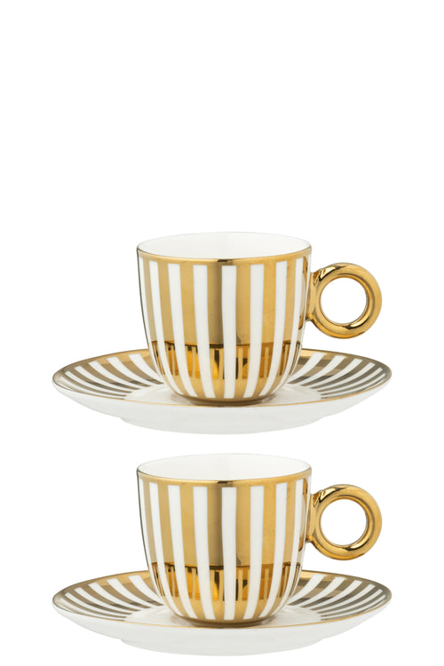 J-Line kopje + schoteltje Gestreept - porselein - goud/wit - large - doos van 2