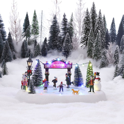 Luville Kerstdorp Miniatuur Schaatsers op de Vijver - Kerstversiering met Verlichting en Kerstmuziek - Kerst Decoratie voor Kerstdorp - Winterse