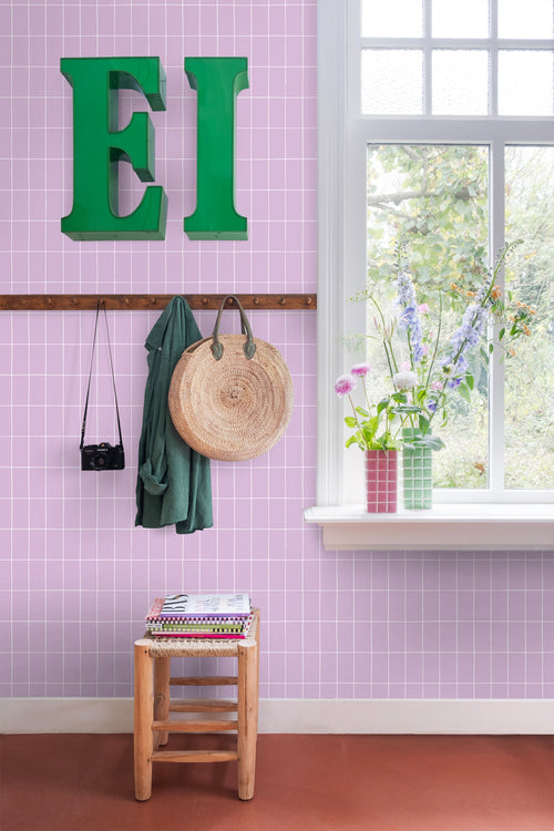 ESTAhome behang kleine tegeltjes lila paars en wit - 53 cm x 10.05 m - 139961 - vtwonen shop