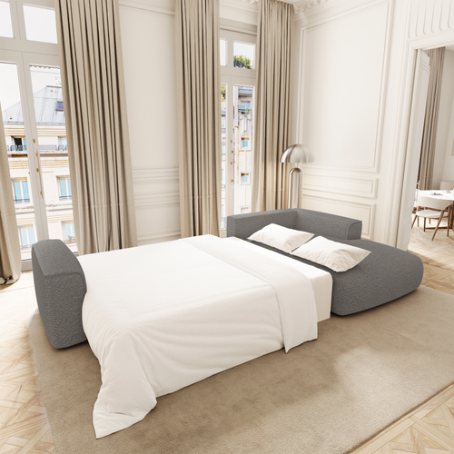 Premium Interiors - Rechthoekige hoekbank met slaapfunctie en opbergruimte COMO - bouclé-stof grafietgrijs 297cm