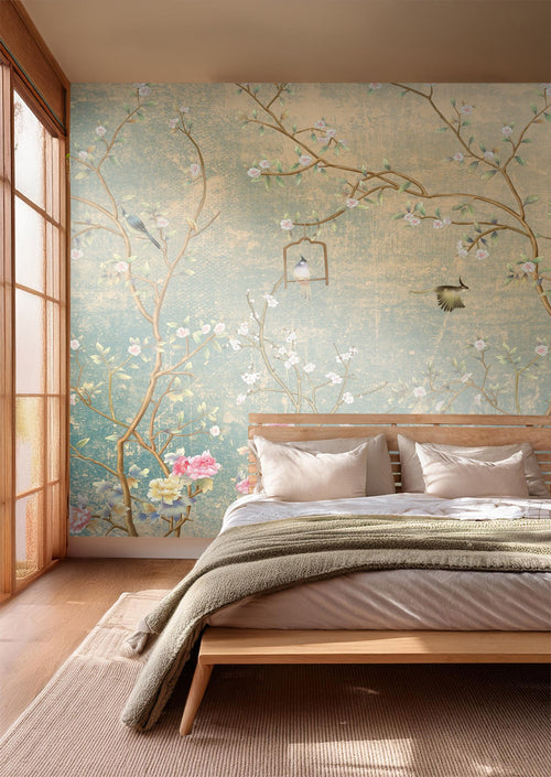 Sanders & Sanders fotobehang bloemen en vogels zeegroen - 350 x 270 cm - 601001 - vtwonen shop