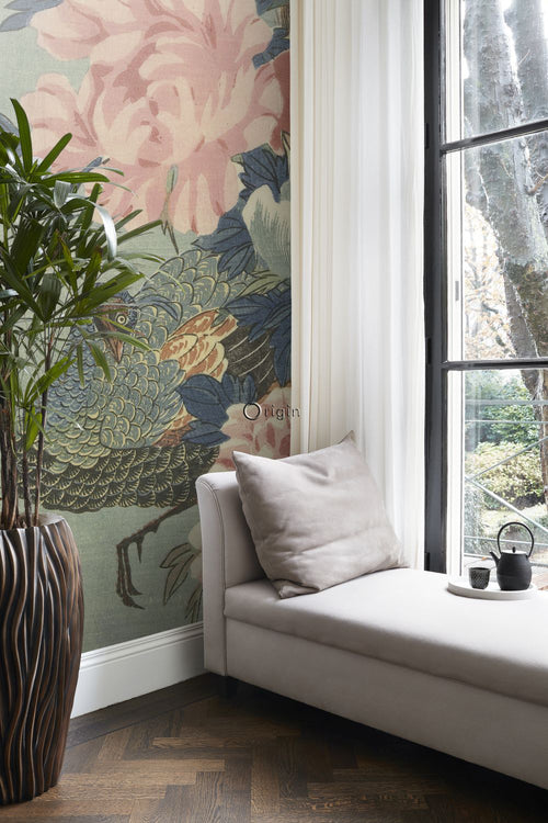 Origin Wallcoverings fotobehang pauw en pioenrozen oudroze, groen en blauw - 200 x 300 cm - 357233 - vtwonen shop