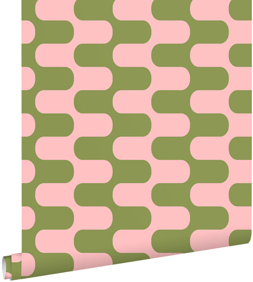 ESTAhome behang golvende lijnen groen en roze - 50 x 900 cm - 131835