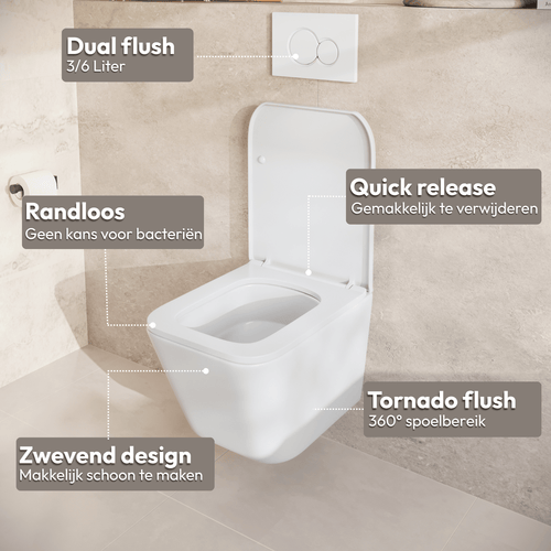 LOMAZOO hangtoiletset Linea - met inbouwreservoir & vierkante drukplaat - vierkant - gun metal / wit