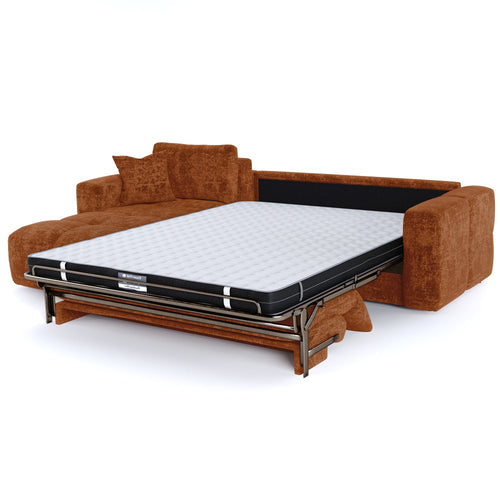 Premium Interiors - Linkerhoekbank met snelle uitklapfunctie VIBE - gewaafd fluweel terracotta 286cm