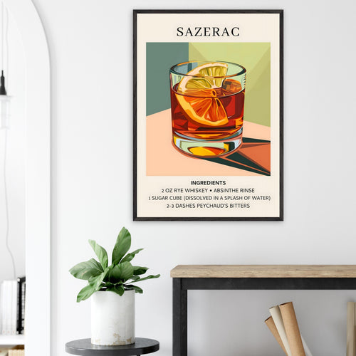 Artfulprints Poster met Lijst Sazerac cocktail - Ingrediënten   - 70x100 cm - Meerkleurig