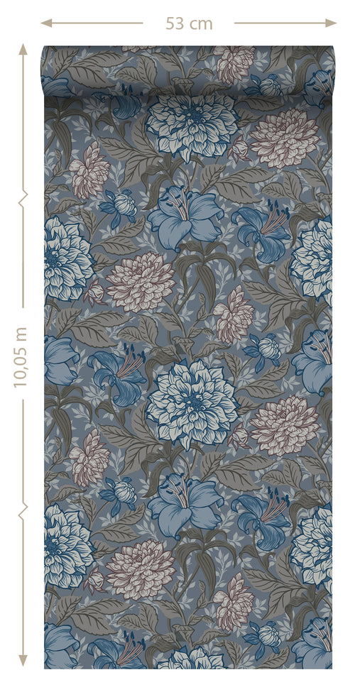 ESTAhome behang vintage bloemen vergrijsd blauw en warm grijs - 53 cm x 10.05 m - 139480
