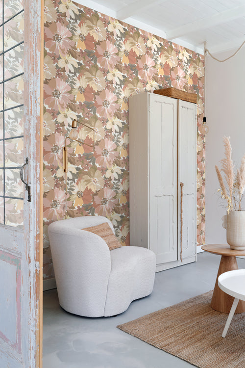 ESTAhome behang bloemen licht terracotta en terracotta roze - 50 x 900 cm - 131264 - vtwonen shop