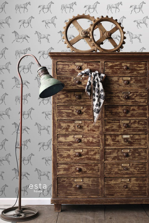 ESTAhome behang getekende paarden zwart op wit - 53 cm x 10.05 m - 128807