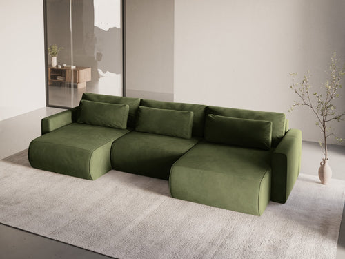 Cosmopolitan Design Converteerbare panoramische bank met opbergdoos Belfast 4-zits, flueel legergroen - 149x340x84cm