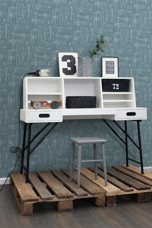 ESTAhome behang constructietekeningen van vliegtuigen blauw 53 cm x 10.05 m 128809
