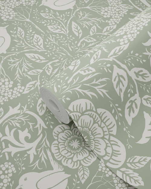 ESTAhome behang bloemen en vogels in art nouveau stijl vergrijsd groen - 53 cm x 10.05 m - 139293