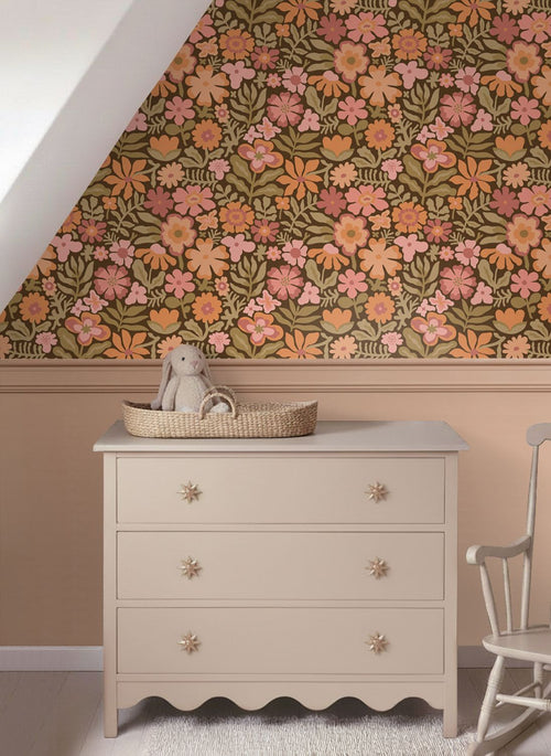 ESTAhome behang bloemetjes bruin, oranje en groen - 50 x 900 cm - 132295