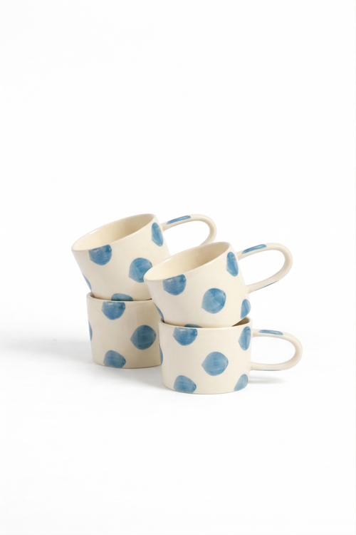 vtwonen - Mokken - Stippen - Blauw - Keramiek - 350ml - Set van 4