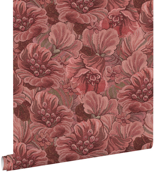 ESTAhome behang geborduurd bloemmotief bordeaux rood - 50 x 900 cm - 131870