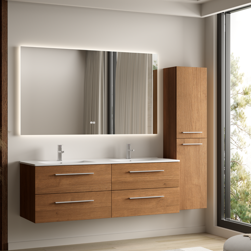 LOMAZOO badmeubelset Navero - met hoge kast & witte wastafel - warm eiken - 140 cm