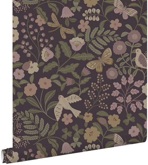 ESTAhome behang bloemen en vogels aubergine paars, olijfgroen en lila paars - 50 x 900 cm - 139871 - vtwonen shop