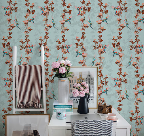 Walls4You behang tropische planten turquoise en terracotta - 53 cm x 10 m - 640109