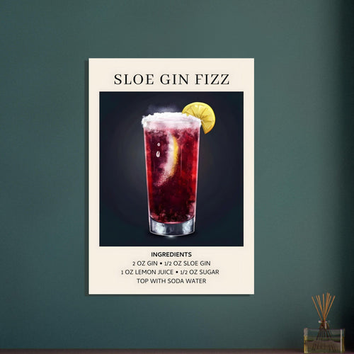 Artfulprints Poster met Lijst Sloe Gin Fizz cocktail - Ingrediënten   - A4 21x29.7 cm - Zwart