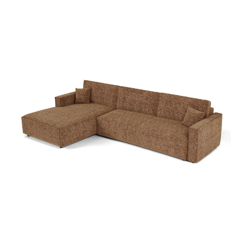 Premium Interiors - Linkshoekbank met slaapfunctie en opbergruimte  - stof met tweed-effect karamel 197cm