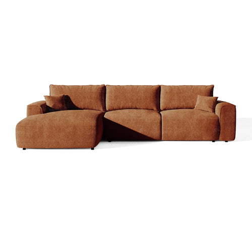 Premium Interiors - Linkerhoekbank met snelle uitklapfunctie COMO - zacht aanvoelende geweven stof terracotta 300cm