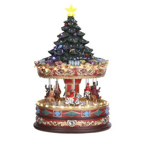 Luville Kerstdorp Carrousel met Kerstboom - Kerstversiering Decoratie Binnen - Draaimolen met Muziek en Verlichting - Kerst Decoratie voor Kerstdorp -