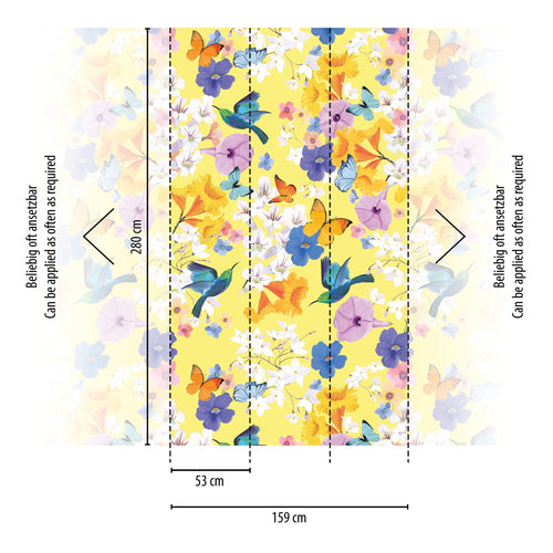 Livingwalls fotobehang bloemen en vogels meerkleurig, geel, blauw, wit en lila paars - 159 x 280 cm - AS-391971