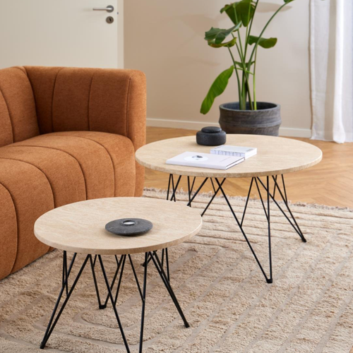 Rebellenclub Salontafel Broome - ø80 - Travertin Look Met Zwart Stalen Poten