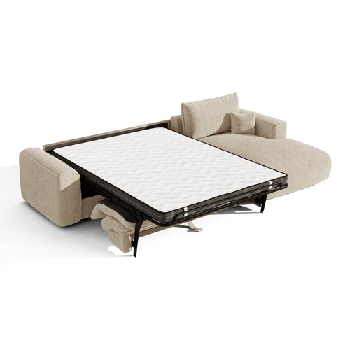 Premium Interiors - Rechthoekige hoekbank met snelle slaapfunctie COMO - weefsel met ruitpatroon, voelt zacht aan beige 300cm