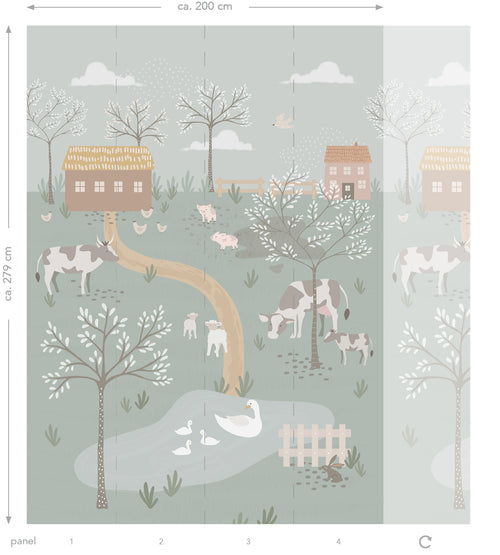 ESTAhome fotobehang boerderij dieren vergrijsd groen - 200 x 279 cm - 159242 - vtwonen shop