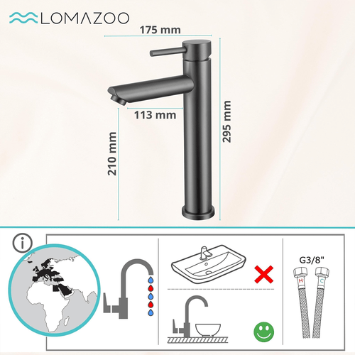 LOMAZOO wastafelkraan Tess - hoge uitloop - mengkraan - gun metal