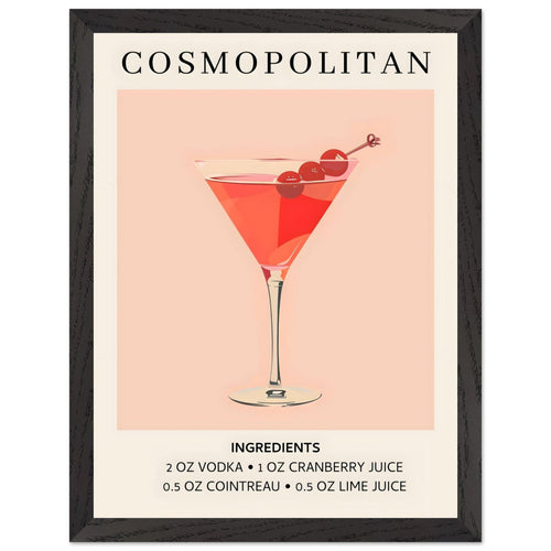 Artfulprints Poster met Lijst Cosmopolitan cocktail - Ingrediënten   - 30x40 cm - Roze