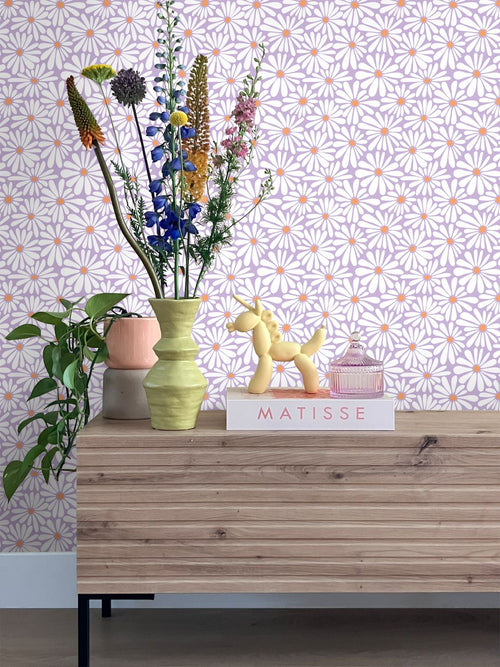ESTAhome behang madeliefjes lila paars en oranje - 53 cm x 10.05 m - 131153