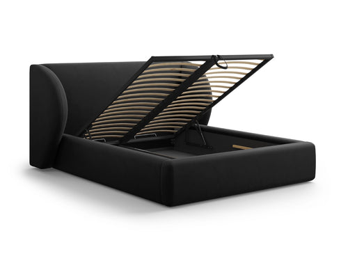 Micadoni - Opbergbed met hoofdeinde "Miley" 200x200cm, flueel, zwart - 230x247x100cm