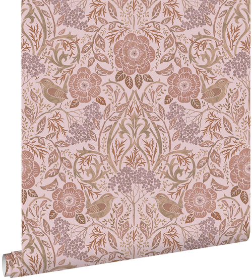 ESTAhome behang bloemen en vogels lila paars en terracotta roze - 50 x 900 cm - 139830 - vtwonen shop