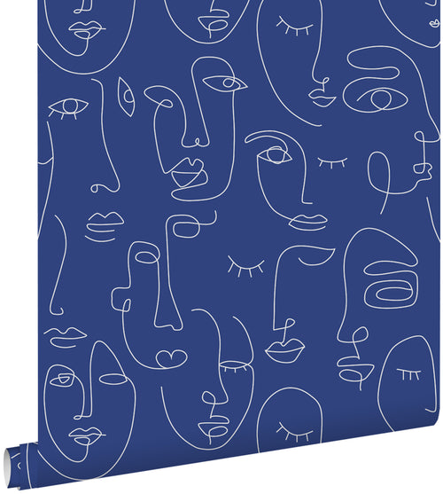 ESTAhome behang line art gezichten kobaltblauw - 50 x 900 cm - 139434