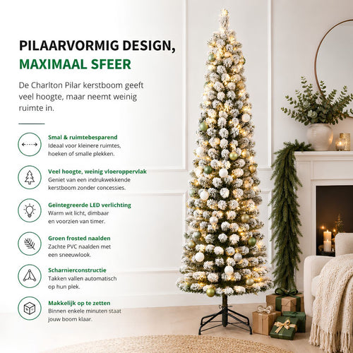 Black Box Trees Charlton Slim Kerstboom met LED Verlichting - Kerstversiering voor Binnen - Kunstboom met Frosted Takken en Timerfunctie - H155 x Ø48
