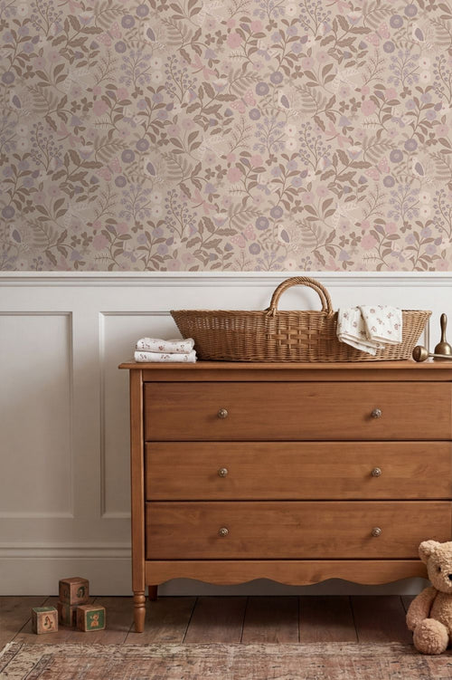 ESTAhome behang bloemen en vogels taupe en lila paars - 50 x 900 cm - 132231